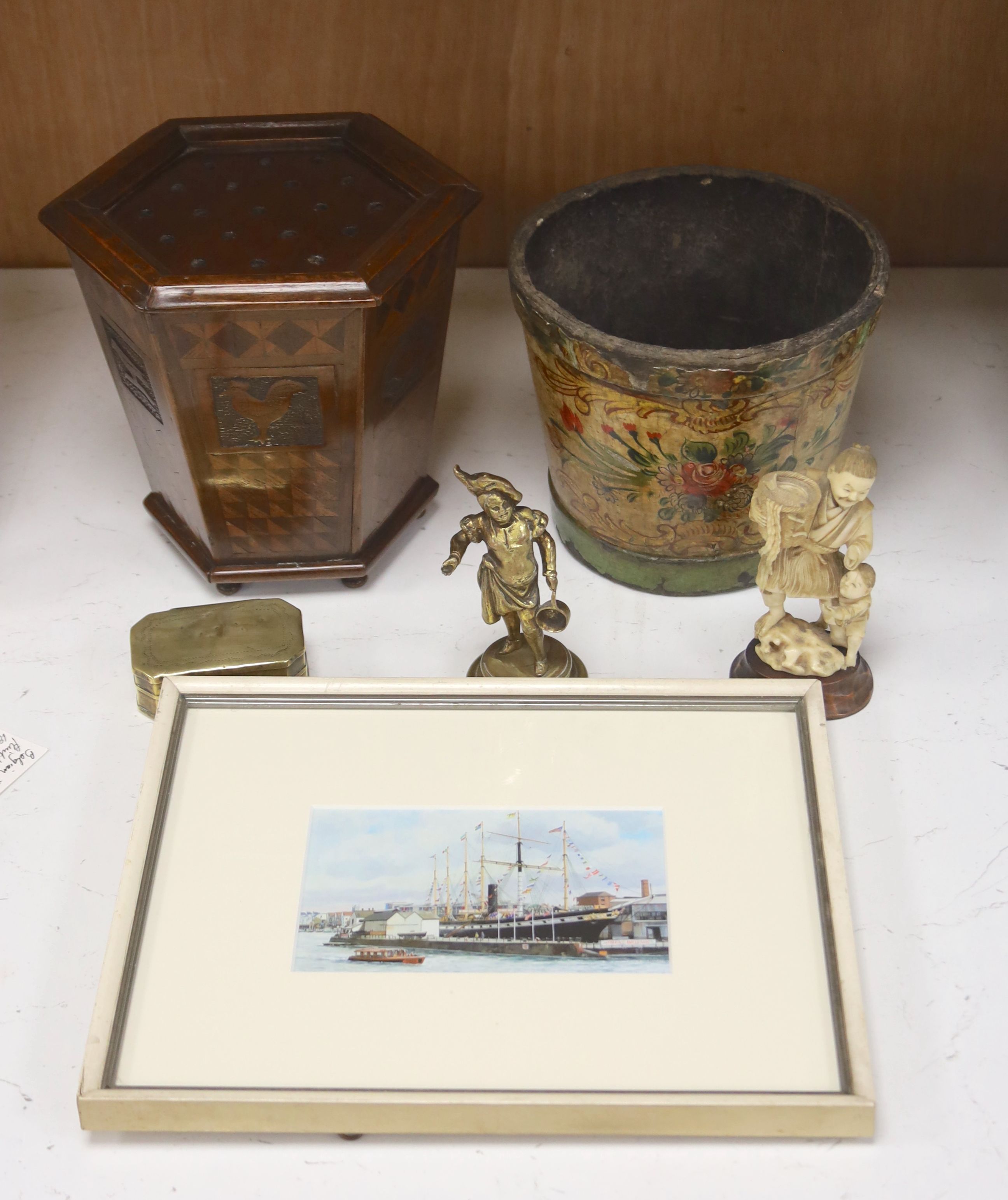 A miniature of The SS Great Britain, a brass snuff box and figure, a plant pot, a treen flower holder, etc